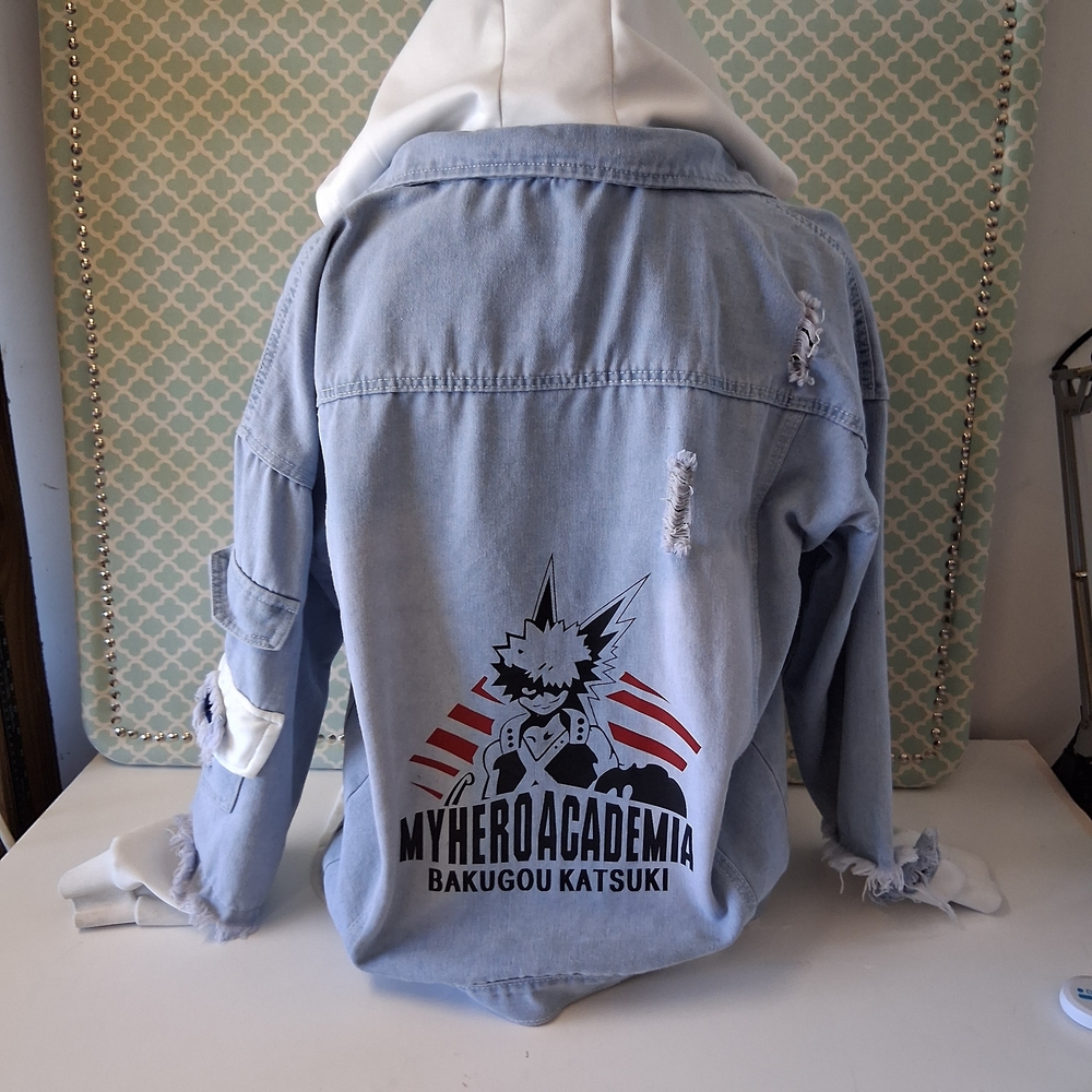 My Hero Academia Denim Jacket Hoodie Bakugou Katsuki Distressed Anime Sz Large